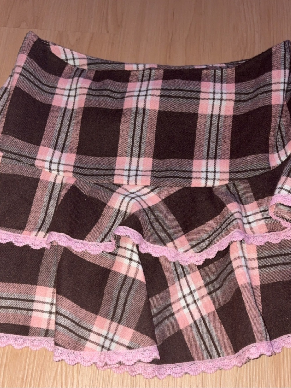 Pink and Brown Plaid Ruffle Skirt